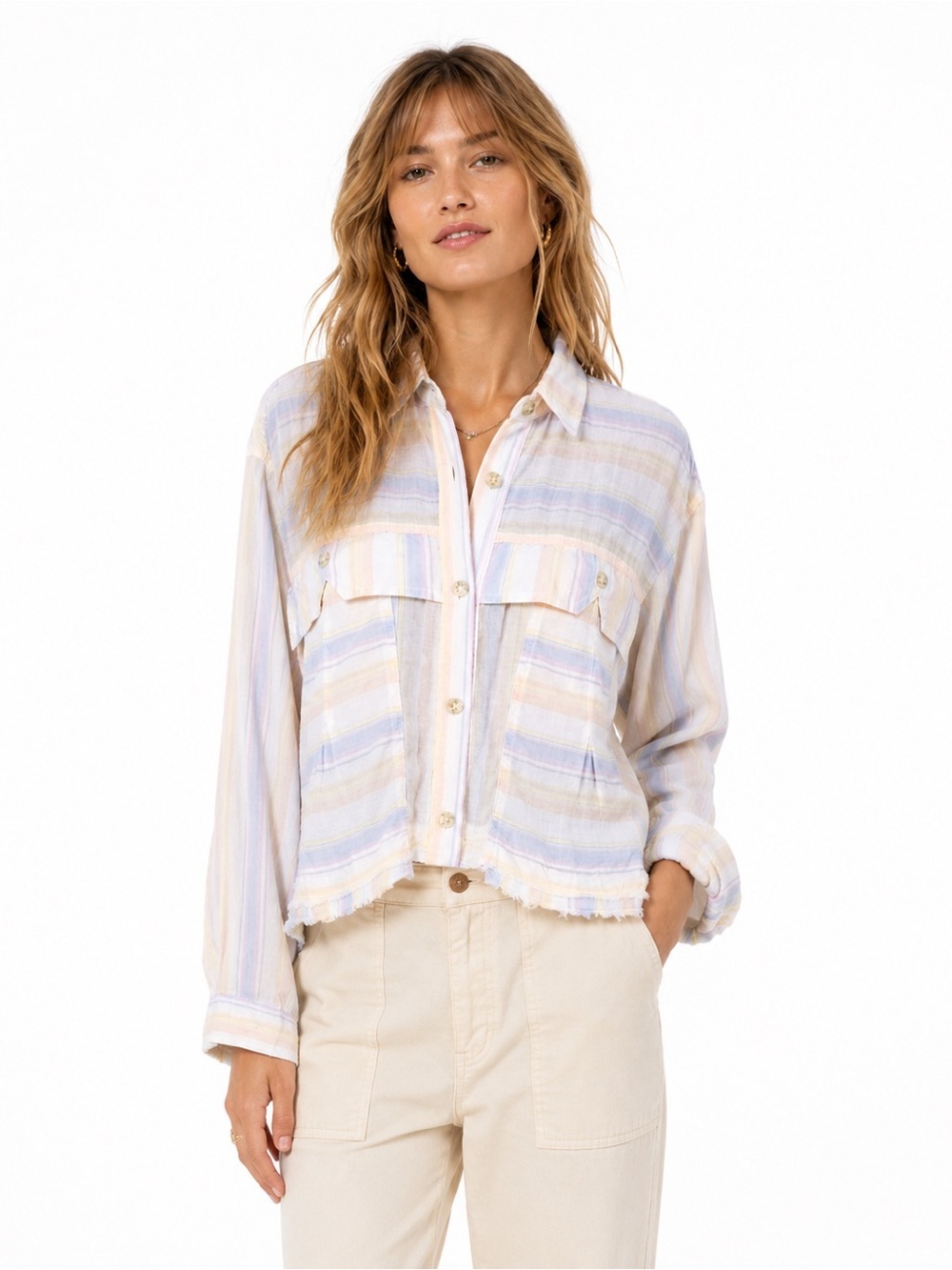 Urban Outfitters BDG Cotton Pastel Striped Button Down Cropped Front Shirt